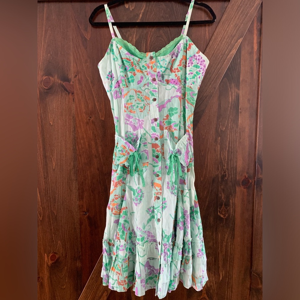 Anthropologie Mint Green Floral Midi Dress with Purple & Orange Accents